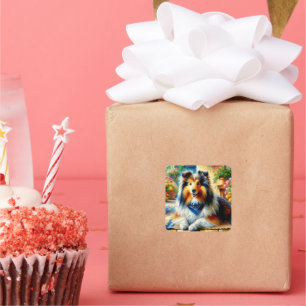 Sticker Carré Shetland Sheepdog dans Cottage Garden Scène