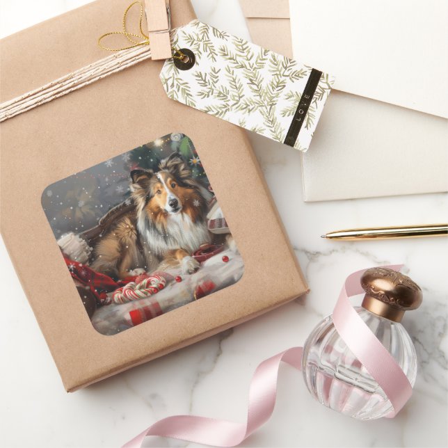 Sticker Carré Shetland Sheepdog Festif de Noël (Cadeaux)