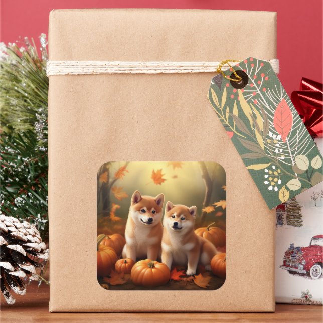 Sticker Carré Shiba Inu Chiot Automne Citrouille de plaisir (vacances)