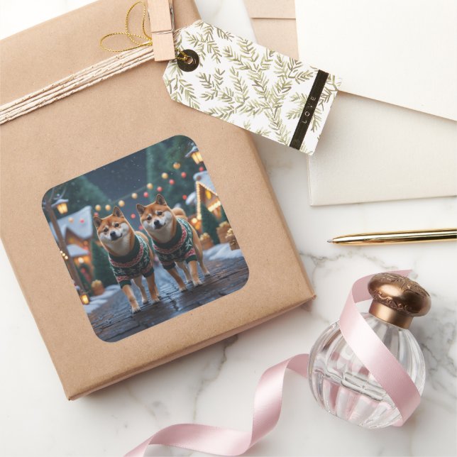 Sticker Carré Shiba Inu Dogs Christmas Snow Holiday (Cadeaux)