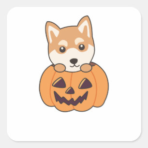 Sticker Carré Shiba Inu En Chiens Doux Citrouille Joyeux Hallowe