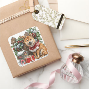 Sticker Carré Shiba Inu en pull par boite aux lettres enneigée
