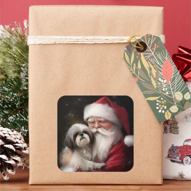Sticker Carré Shih Tzu Avec Noël Festif Du Père Noël (vacances)