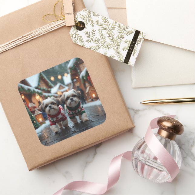 Sticker Carré Shih Tzu Dogs Christmas Snow Holiday (Cadeaux)