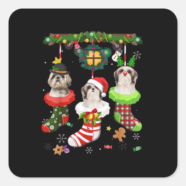 Sticker Carré Shih Tzu En Chaussettes Noël Noël Noël Chapeau Noë (Devant)