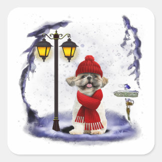 Sticker Carré Shih Tzu Père Noël Neige Noël Léger cadeau d'hiver