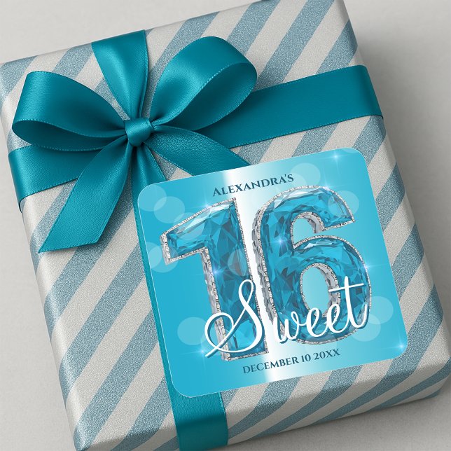 Sticker Carré Shimmering Blue Gemstone Sweet 16 Celebration (Créateur téléchargé)