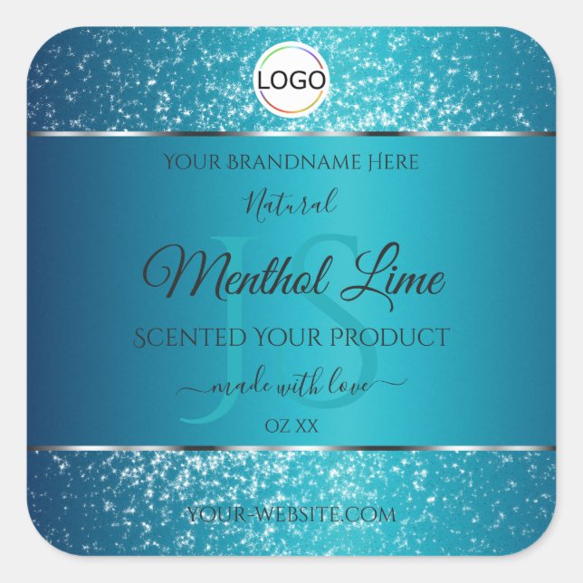Sticker Carré Shimmery Turquoise Logo Initiales Parties scintill (Devant)