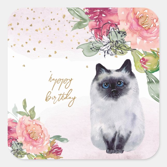 Sticker Carré Siamese Cat Illustration joyeuse fête de fille d'a (Devant)