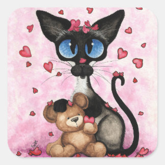 Sticker Carré Siamese Cat Valentines Day by Bihrle