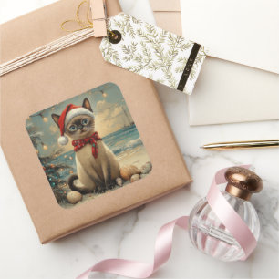 Sticker Carré Siamese Chat Christmas Plage Vintage