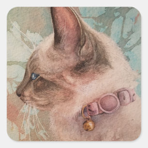 Sticker Carré Siamese Kitten Pink Coller Aquarelle Art