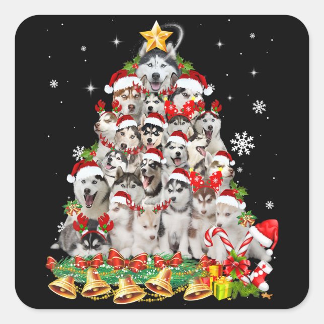 Sticker Carré Siberian husky christmas tree lights dog (Devant)