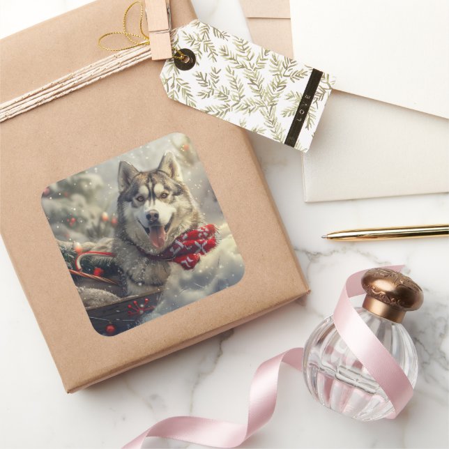 Sticker Carré Sibérie Husky Chien Festif de Noël (Cadeaux)