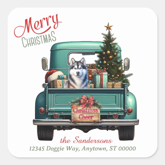 Sticker Carré Sibérie Husky Chien Retro Camion Noël (Devant)