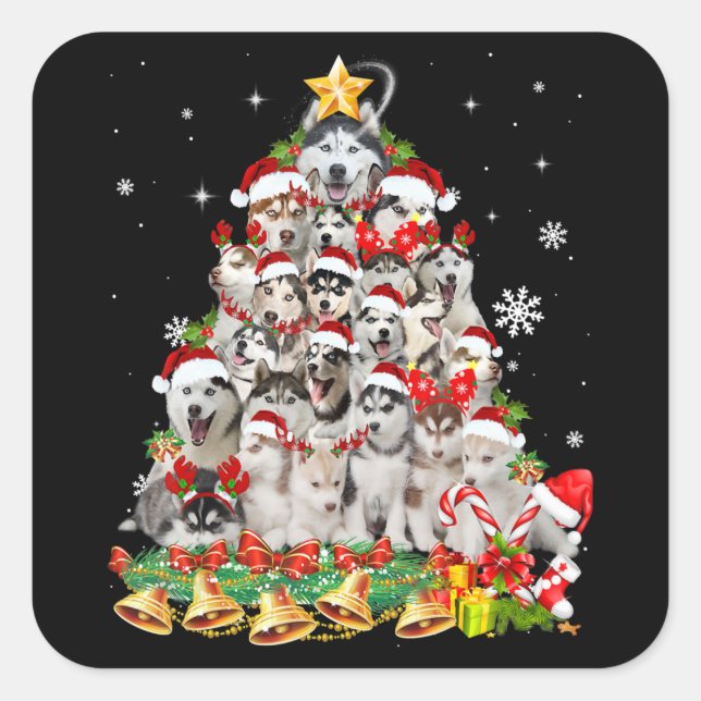 Sticker Carré Sibérie Husky Christmas Tree Lumières Drôle Chien (Devant)