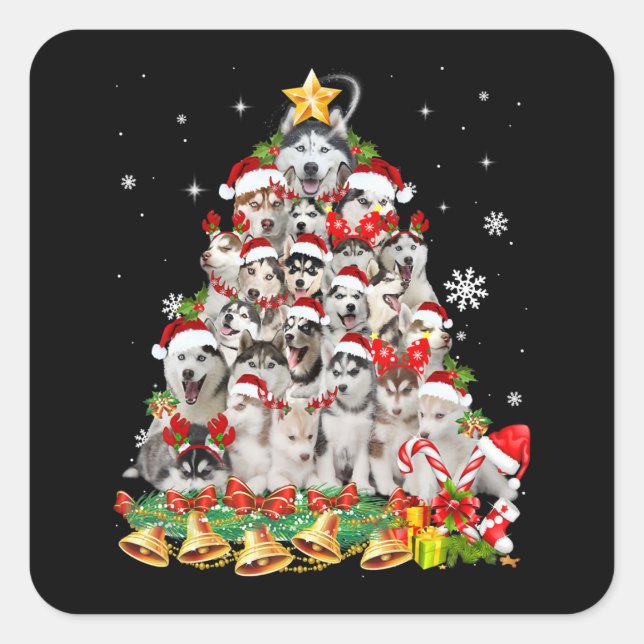 Sticker Carré Sibérie Husky Christmas Tree Lumières Drôle Chien (Devant)