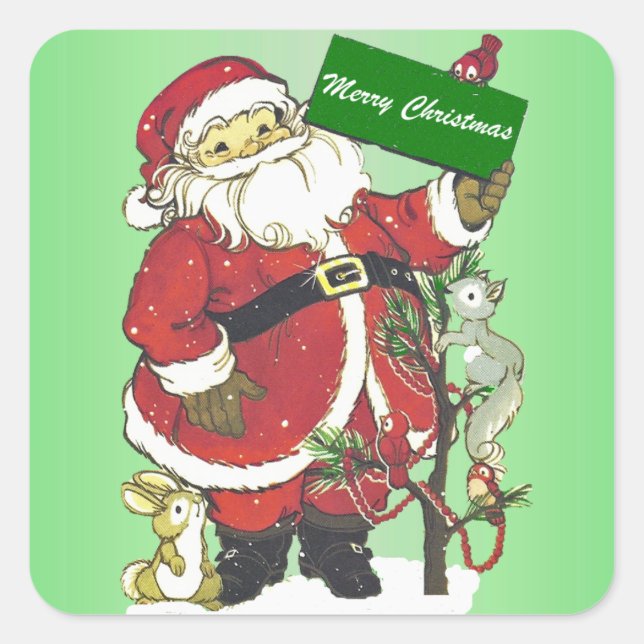 Sticker Carré SIGNE DE Noël père Noël Joyeux Forêt Animaux verts (Devant)