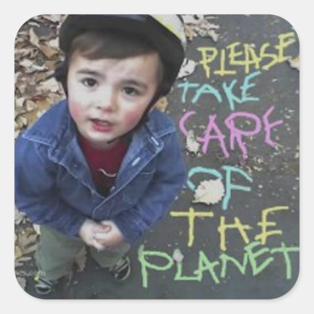 Sticker Carré S'il vous plaît prenez soin de la planète (Devant)