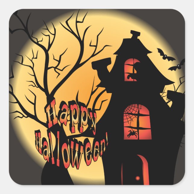 Sticker Carré Silhouette de la maison hantée | Bonne Halloween (Devant)