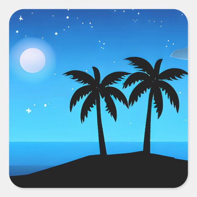 Sticker Carré Silhouette de l'île tropicale avec lune et étoiles (Devant)