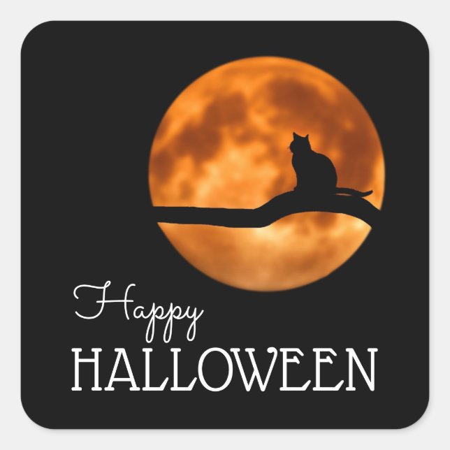 Sticker Carré Silhouette de lune de sang et de chatte, Happy Hal (Devant)