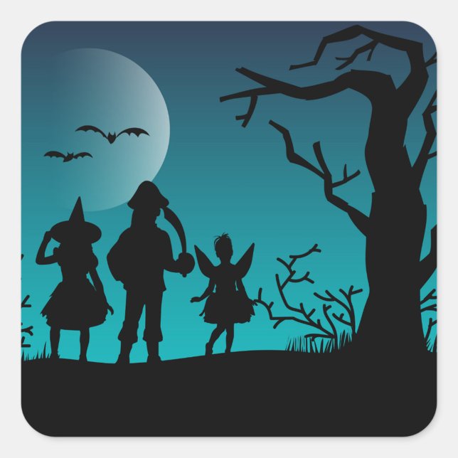 Sticker Carré Silhouette d'Halloween (Silhouetted figures of a witch, a pirate, and a fairy stand against a glowing moonlit backdrop.  )