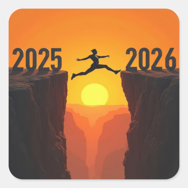 Sticker Carré Silhouette du Nouvel An 2026 à l'aube d'une falais (Devant)