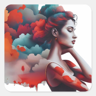 Sticker Carré Silhouette féminine, style boho,