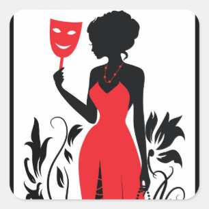 Sticker Carré Silhouette femme élégante en robe rouge avec masqu