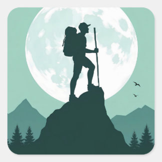 Sticker Carré Silhouette Hiker on Peak with Moon and Mountains