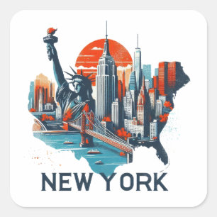Sticker Carré Silhouette Skyline Retro New York