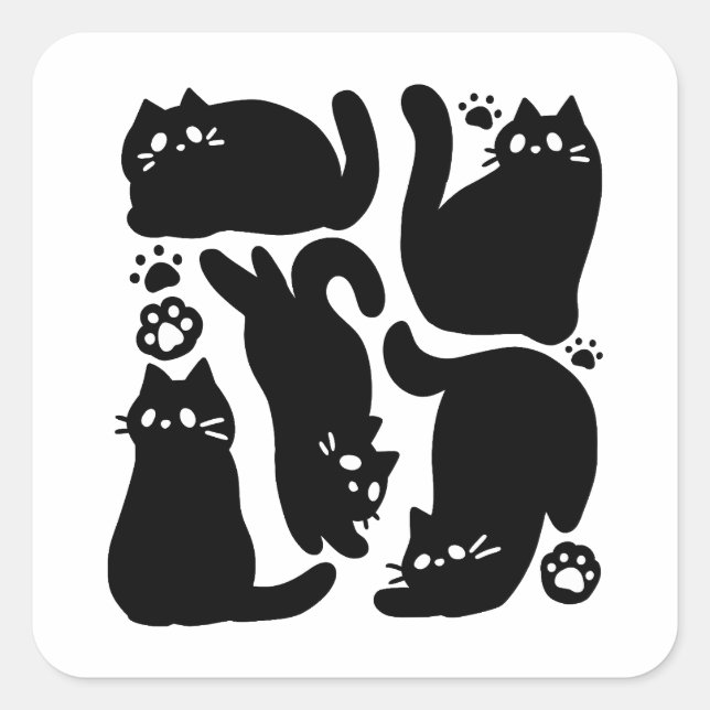 Sticker Carré Silhouettes de chat noir - Design Feline mignon (Devant)