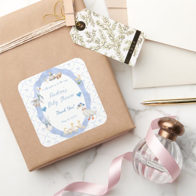 Sticker Carré Silly Goose Whimsical Bow Baby Boy Shower (Cadeaux)