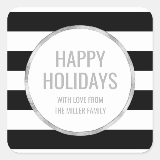 Sticker Carré Silver Black Stripes Happy Holidays Custom (Devant)