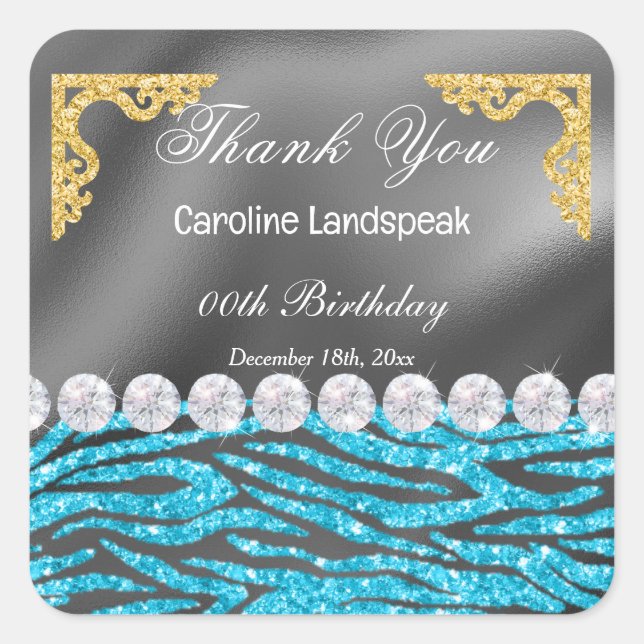 Sticker Carré Silver Foil & Blue Parties scintillant Zebra Impri (Devant)
