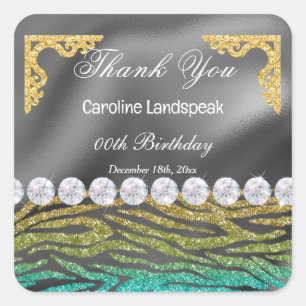 Sticker Carré Silver Foil, Parties scintillant Turquoise Zebra I