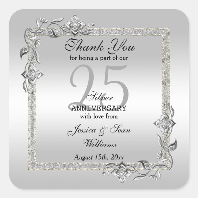 Sticker Carré Silver Gem & Glitter 25th Wedding Anniversary (Devant)
