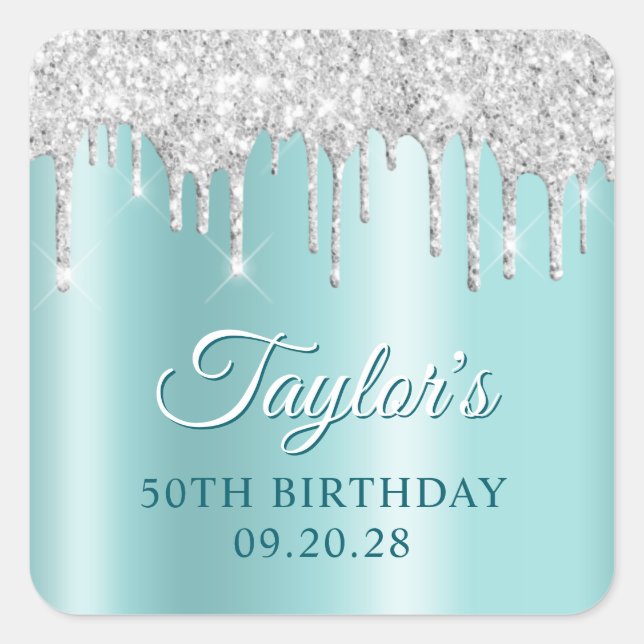 Sticker Carré Silver Glitter Drips Light Turquoise Drop Shadow (Devant)