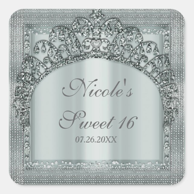 Sticker Carré Silver Tiara Crown & Diamond Bling Party Favoriser (Devant)