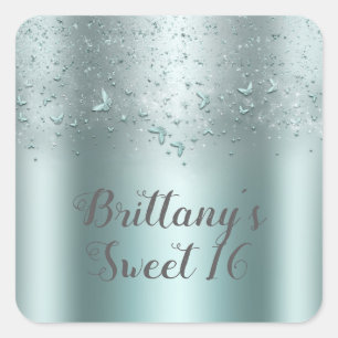 Sticker Carré Silver Turquoise Aqua Fbattage Papillon Sweet 16 P