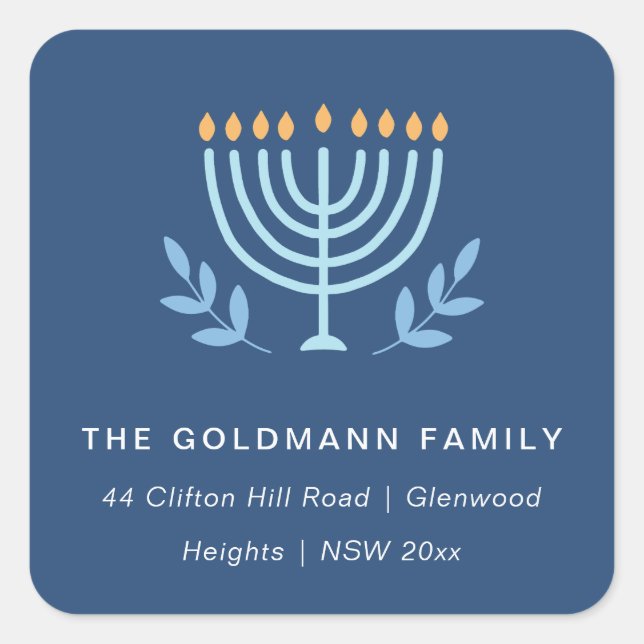 Sticker Carré Simple Blue Menorah bougies Hanoukka Adresse (Devant)