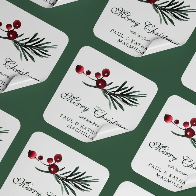 Sticker Carré Simple élégante aquarelle de Noël Botanique (Simple Elegant Christmas Watercolor Botanical Square Stickers)