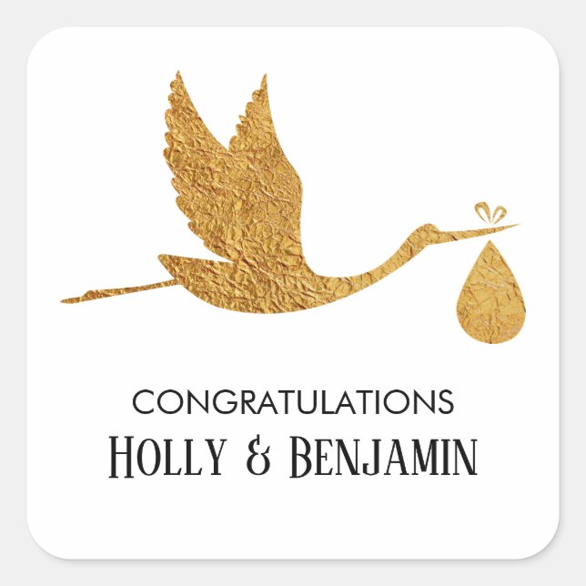 Sticker Carré Simple Faux Gold Stork Baby shower Félicitations (Devant)