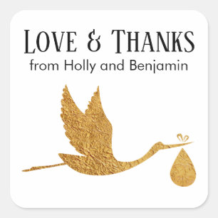 Sticker Carré Simple Faux Gold Stork Love & Thanks Baby shower