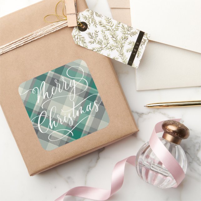 Sticker Carré Simple moderne Joyeux Noël vert Plaid (Cadeaux)