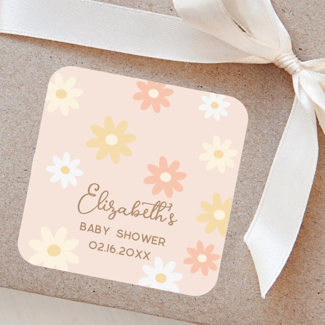 Sticker Carré Simple Retro Chic Daisy Boho Girl Baby shower (Créateur téléchargé)