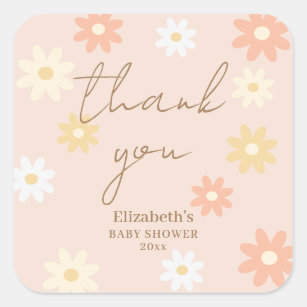 Sticker Carré Simple Retro Chic Daisy Girl Baby shower Merci