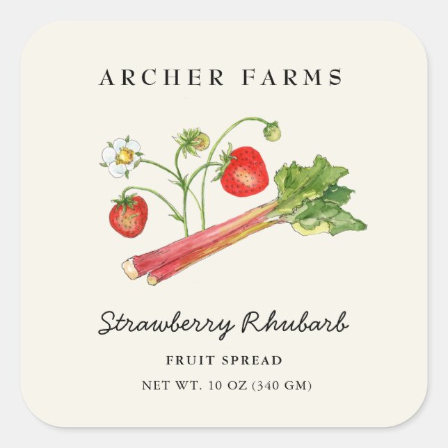 Sticker Carré Simple Strawberry Rhubarb square Jam Jar Label (Devant)