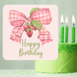 Sticker Carré Simple tendance Bow rose et fraise Joyeux annivers